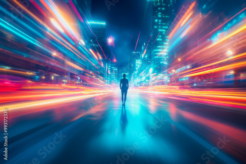 Lone figure in a tunnel of glowing lights with cosmic and ethereal atmosphere