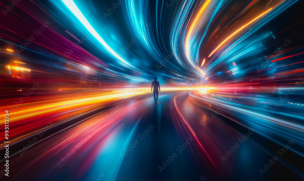 Lone figure in a tunnel of glowing lights with cosmic and ethereal atmosphere Lone figure in a tunnel of glowing lights with cosmic and ethereal atmosphere