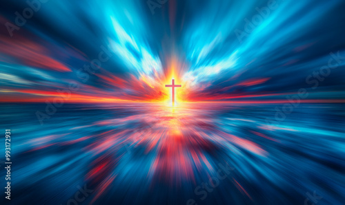 Majestic cross glowing in golden light amidst storm clouds and radiant peacefulness