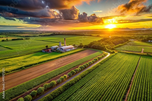 Wallpaper Mural environment, field, agriculture,sugar cane, facility, crop, A stunning aerial view of a sugar cane plantation farm during sunset with a picturesque usine facility in the background Torontodigital.ca