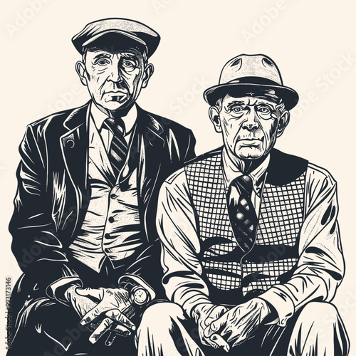 Two elderly fashionable pensioners, two old British friends, vector