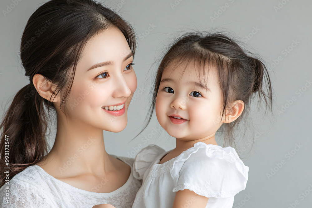 Young Chinese mother and cute daughter interacting and smiling in front of a plain background, dressed in simple Uniqlo clothes, during a family photo portrait shoot. Young Chinese mother and cute daughter interacting and smiling in front of a plain background, dressed in simple Uniqlo clothes, during a family photo portrait shoot.