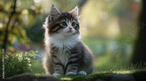 An adorable kitten sits on a grassy patch, basking in the soft sunlight amid a serene natural background.