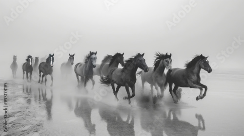 In black and white, a herd of wild horses running on the sandy beach. A group of horses galloping through the water on seashore.