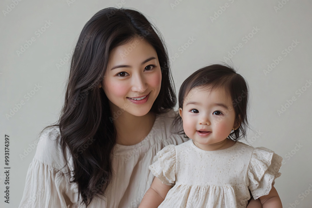 Young Chinese mother and cute daughter interacting and smiling in front of a plain background, dressed in simple Uniqlo clothes, during a family photo portrait shoot. Young Chinese mother and cute daughter interacting and smiling in front of a plain background, dressed in simple Uniqlo clothes, during a family photo portrait shoot.