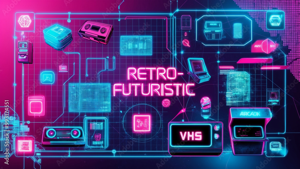 This retro-futuristic background combines neon colors, grid patterns, and retro symbols with sleek, high-tech elements, creating a nostalgic yet futuristic aesthetic.