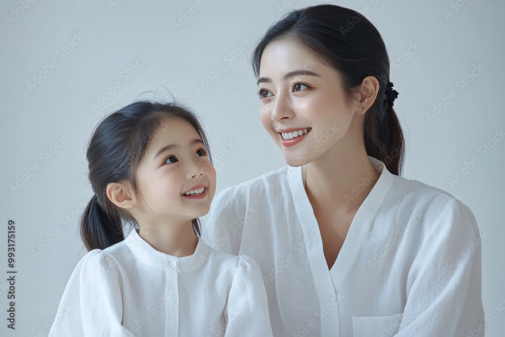 Young Chinese mother and cute daughter interacting and smiling in front of a plain background, dressed in simple Uniqlo clothes, during a family photo portrait shoot. Young Chinese mother and cute daughter interacting and smiling in front of a plain background, dressed in simple Uniqlo clothes, during a family photo portrait shoot.