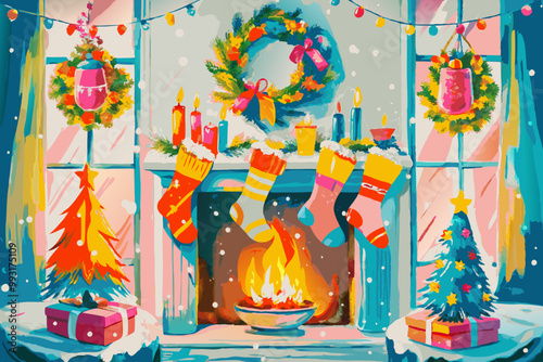 Festive Christmas Fireplace with Decorations and Stockings