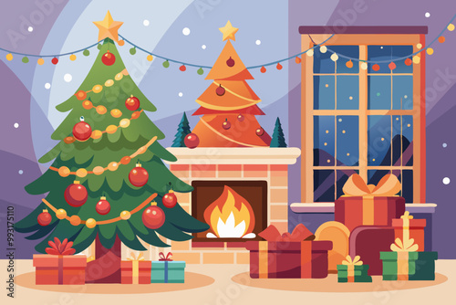 Cozy Christmas Evening with Decorated Tree and Fireplace