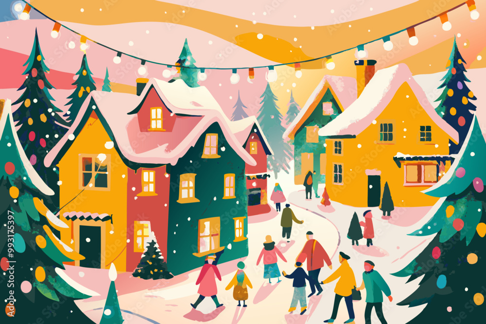 Obraz premium Enchanting Winter Village Scene with Festive Decorations and Snow