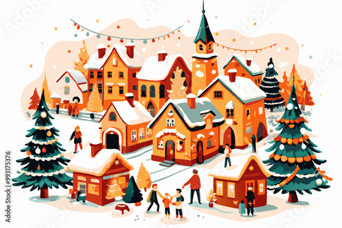 Winter Wonderland: Snowy Village Scene with Festive Atmosphere