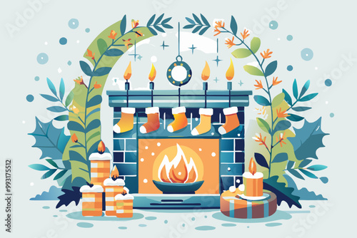 Cozy Festive Fireplace with Christmas Stockings and Candles Illustration