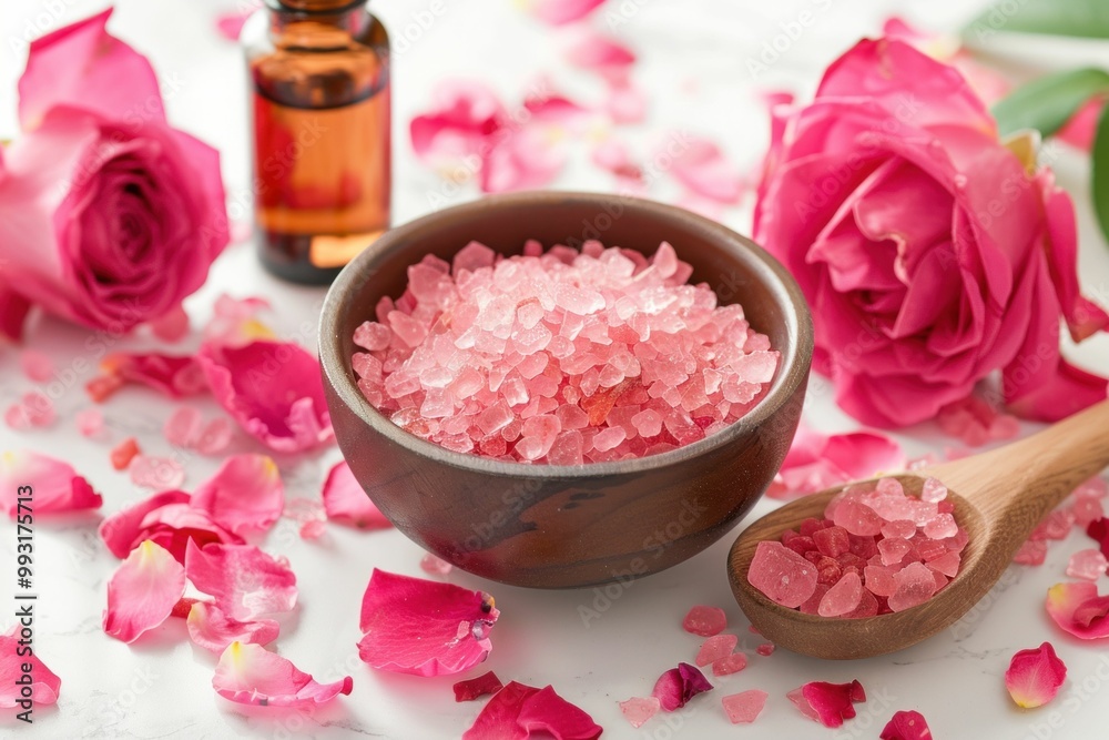 Pink bath salts in a wooden bowl surrounded by fresh rose petals and essential oil bottle Pink bath salts in a wooden bowl surrounded by fresh rose petals and essential oil bottle
