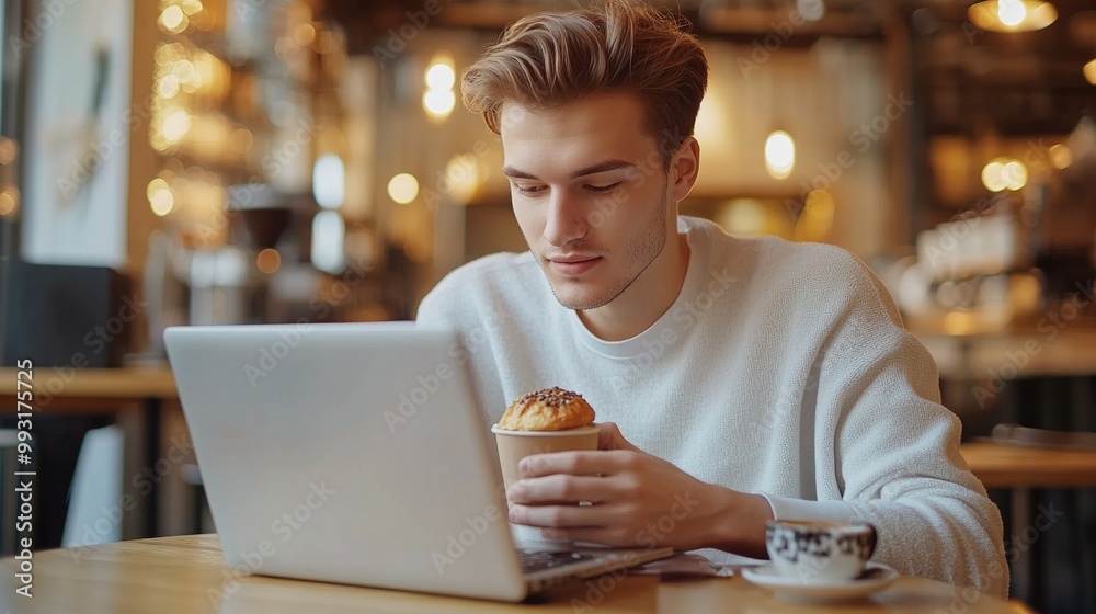A young man in a cozy café focuses on his laptop while enjoying a muffin and coffee. A young man in a cozy café focuses on his laptop while enjoying a muffin and coffee.