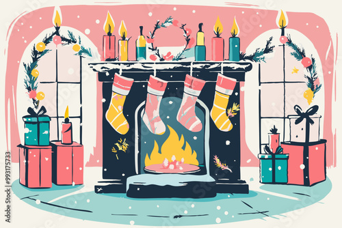 Cozy Christmas Fireplace with Stockings and Festive Decorations