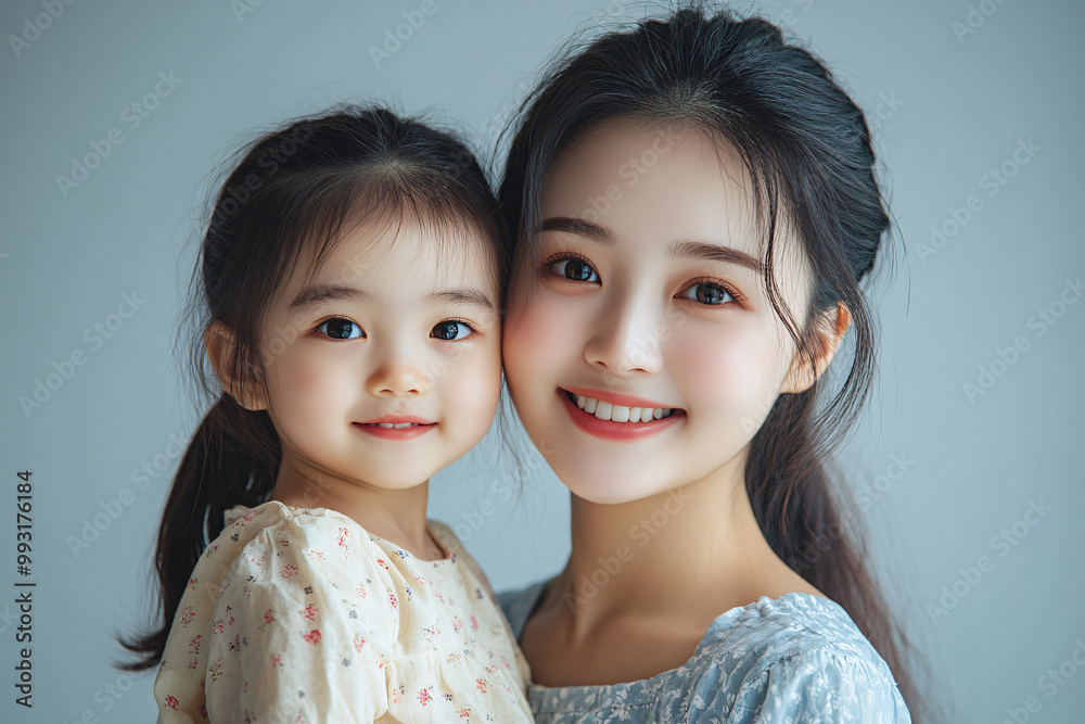 Young Chinese mother and cute daughter interacting and smiling in front of a plain background, dressed in simple Uniqlo clothes, during a family photo portrait shoot. Young Chinese mother and cute daughter interacting and smiling in front of a plain background, dressed in simple Uniqlo clothes, during a family photo portrait shoot.