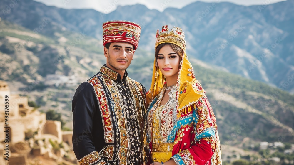 Elegant Traditional Algerian Wedding Couple in Ceremonial Attire Against Mountainous Backdrop - Full Body Shot