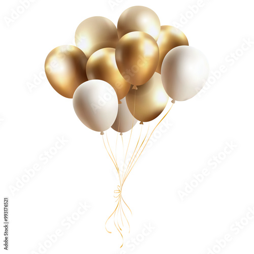 Realistic Balloons bunch gold and white color with golden rents isolated on white background vector illustration.Glossy metallic golden Balloons for decor,card,party, design, flyer, poster, banner,Web