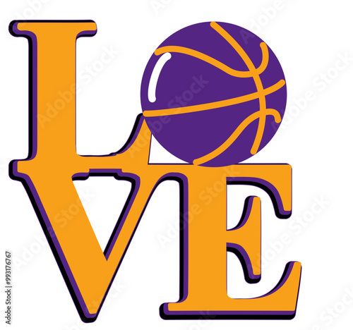  Love  -  Basket - yellow, purple and and black with ball basketball, sport vector graphics for street art - graffiti lettering typography - art illustration - multicolor - writen Word -		