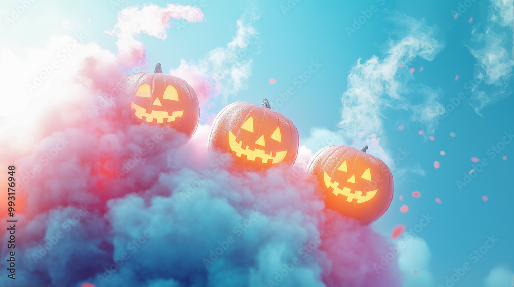 Crazy and wacky pumpkins in the spirit of Halloween with a colorful smoke bomb floating in the air with fluffy clouds, featuring warm and cheerful colors. Crazy and wacky pumpkins in the spirit of Halloween with a colorful smoke bomb floating in the air with fluffy clouds, featuring warm and cheerful colors.