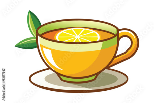 Cup of tea with lemon illustration on white background.