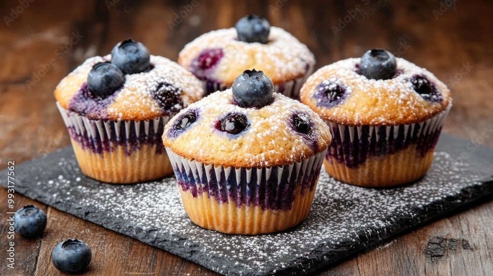 Fresh Blueberry Muffins Dusted with Powdered Sugar on a Slate Fresh Blueberry Muffins Dusted with Powdered Sugar on a Slate