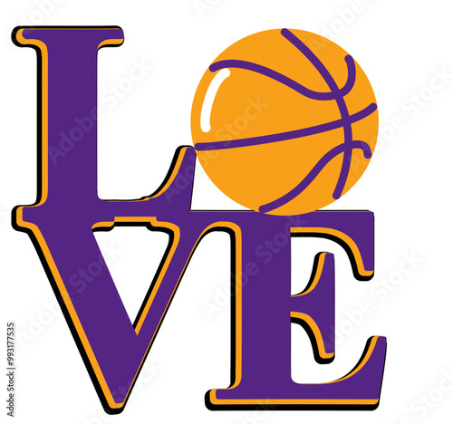 Love - Basket - yellow, purple and and black with ball basketball, sport vector graphics for street art - graffiti lettering typography - art illustration - multicolor - writen Word -		