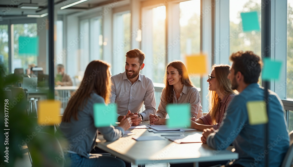 A diverse team brainstorms in a bright glass office filled with sunlight and collaboration.






