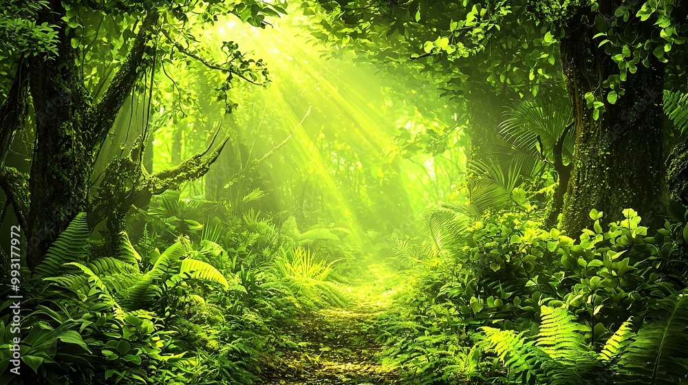 A verdant forest brimming with myriad trees & flora, encompassing a dusty path amidst its heart A verdant forest brimming with myriad trees & flora, encompassing a dusty path amidst its heart