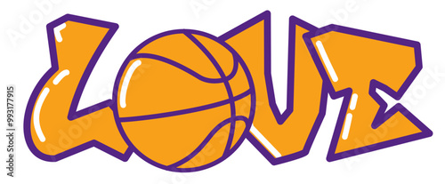 Love  - Basket - yellow, purple and and black with ball basketball, sport vector graphics for street art - graffiti lettering typography - art illustration - multicolor - writen Word -		