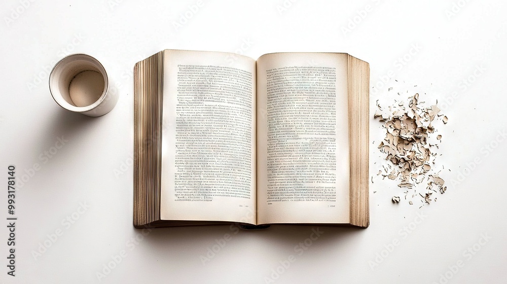 Obraz premium An open book rests atop a white table, alongside cups of coffee and tea