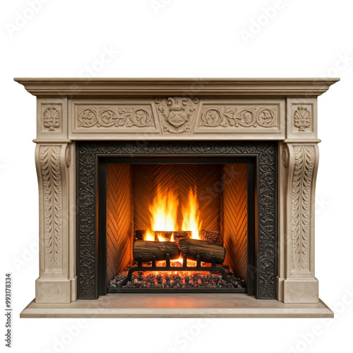 Classic Stone Fireplace with Burning Logs Isolated on Transparent Background photo