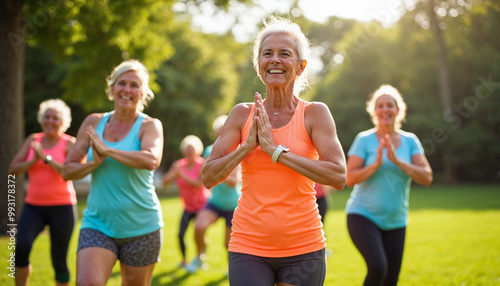 Elderly women exercise outdoors with a fitness instructor in a sunny, lively park scene.