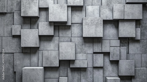 Fototapeta Naklejka Na Ścianę i Meble -  Abstract geometric gray 3D texture featuring a cement wall with squares and cubes ideal for banners or textured wallpaper