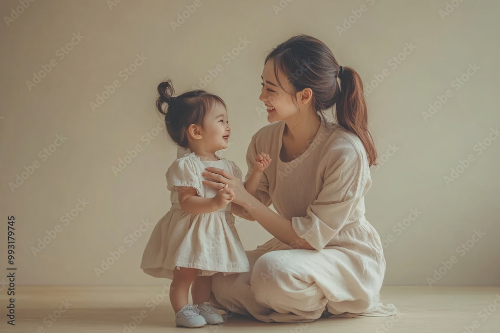 Young Chinese mother and cute daughter interacting and smiling in front of a plain background, dressed in simple Uniqlo clothes, during a family photo portrait shoot. Young Chinese mother and cute daughter interacting and smiling in front of a plain background, dressed in simple Uniqlo clothes, during a family photo portrait shoot.