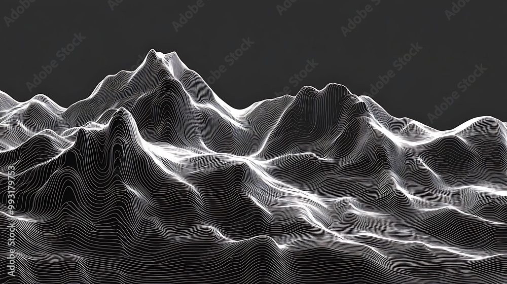 Abstract 3D Landscape - White Line Topography on Black Background