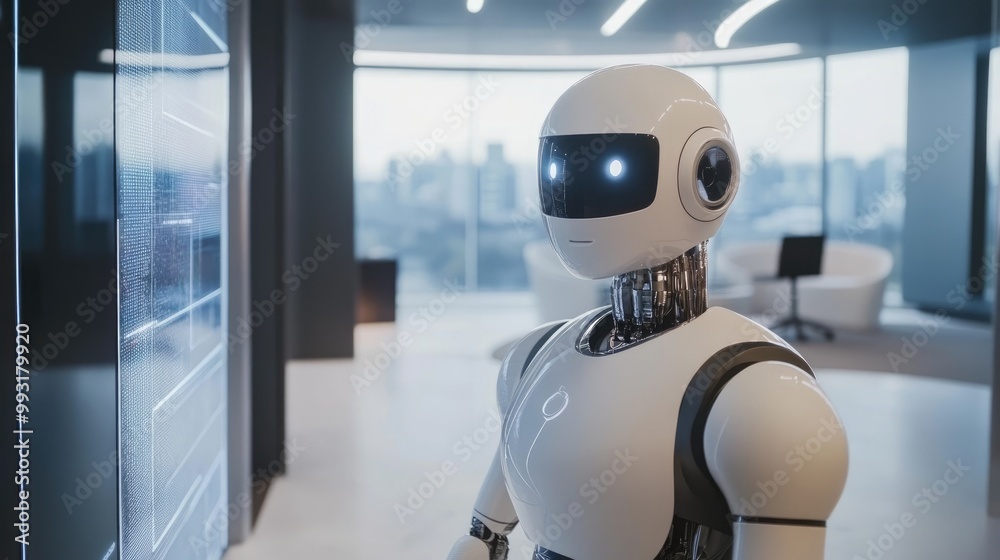 A humanoid robot engages with a person in a sleek modern office featuring holographic displays and a minimalist design