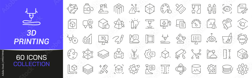 3d printing line icons collection. Thin outline icons pack. UI icon ...