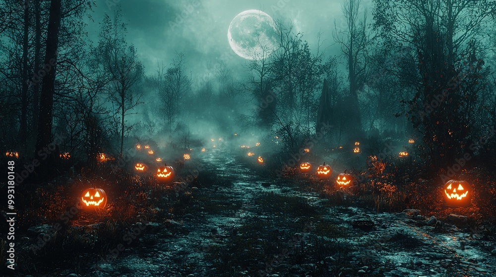 Obraz premium A haunting Halloween scene with Jack-o-lanterns glowing in the foreground and a full moon casting eerie light behind them