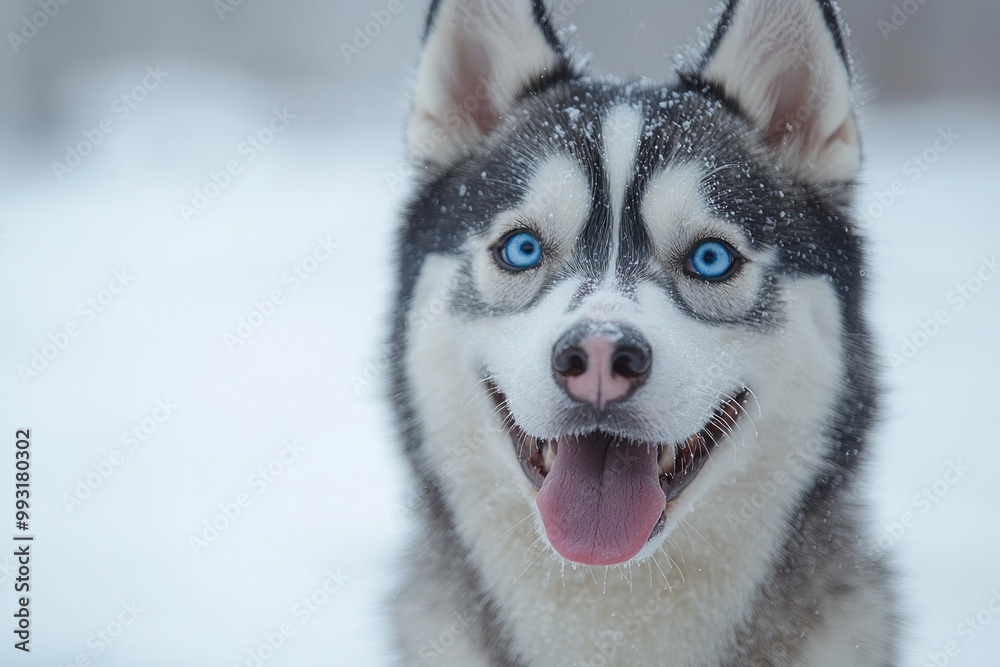 Close-up of a happy Siberian Husky with bright blue eyes, tongue out, and smiling expression Generative AI