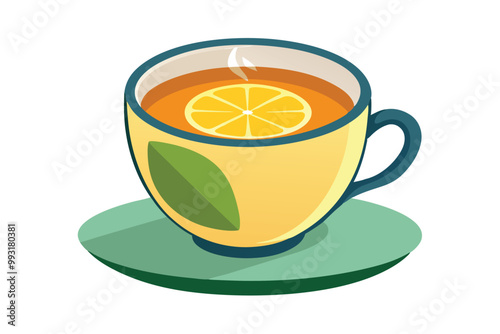 Cup of tea with lemon illustration on white background.