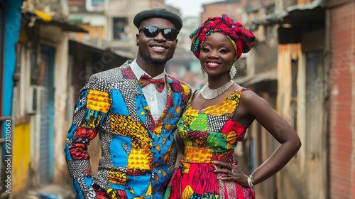 Elegant Traditional Congolese Wedding Couple in Colorful Sapeur Outfits Embracing in Urban Setting Full Body Shot