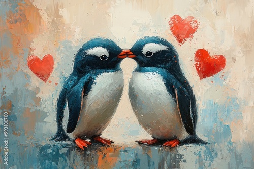 Two penguins touching beaks in a textured oil painting style Generative AI