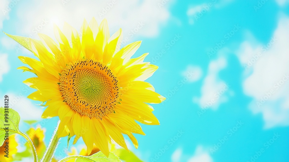 Yellow sunflower in blue sky, with clouds in background and nearby sunflowers in foreground Yellow sunflower in blue sky, with clouds in background and nearby sunflowers in foreground