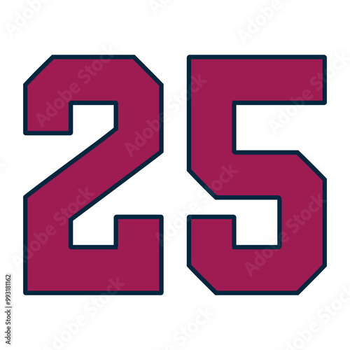 25 Classic Vintage Sport Jersey / Uniform numbers in black with a black outside contour line number on white background for American football, Baseball and Basketball or soccer for shirt