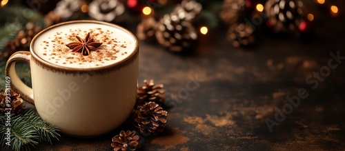 A cozy cup of coffee adorned with spices, surrounded by pinecones and seasonal decorations, perfect for winter vibes. photo