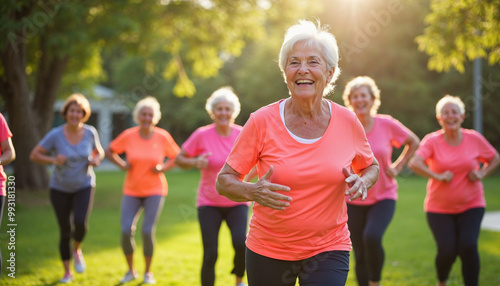 Elderly women exercise outdoors with a fitness instructor in a sunny, lively park scene.