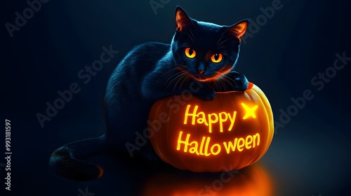 Black cat sitting on a jack-o-lantern with text - 