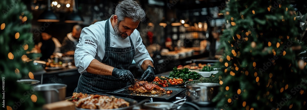 A skilled chef prepares a delicious meal in a festive kitchen, surrounded by vibrant ingredients and enchanting holiday decor. A skilled chef prepares a delicious meal in a festive kitchen, surrounded by vibrant ingredients and enchanting holiday decor.