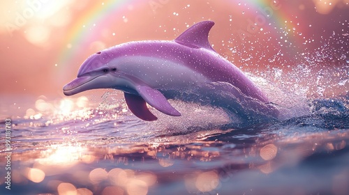 Magical pink dolphin jumping out of the ocean with a rainbow in the background under a vibrant, glowing sky Generative AI